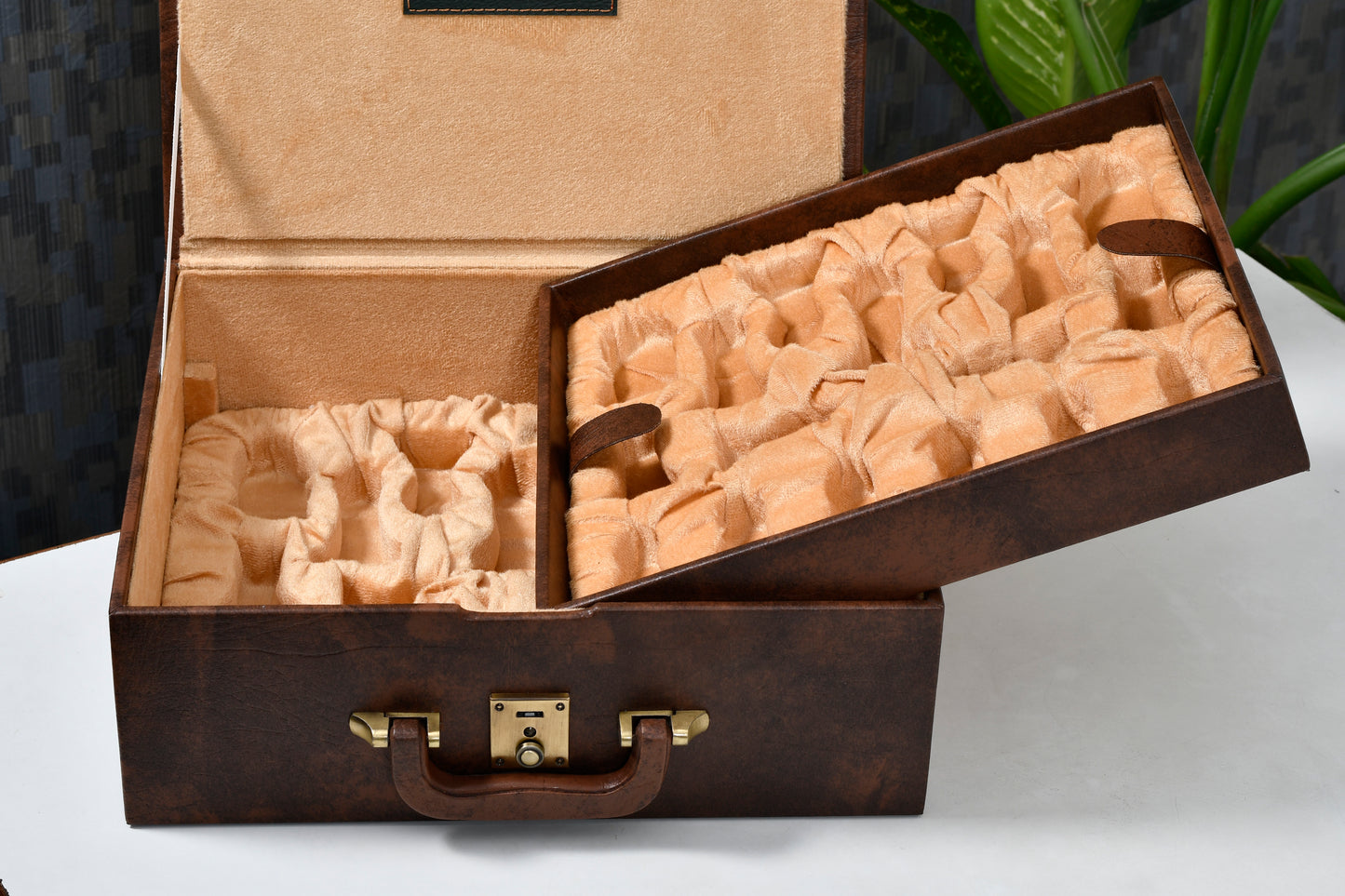 Brown Leatherette Chess Set Storage Box Coffer with Double Tray Fixed Slots for 4.2" - 4.8" Pieces