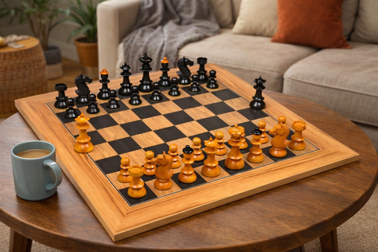 Combo of Reproduced Vintage Series Original Austrian Coffee House Old Vienna Chess Pieces in Ebonized and Antique Boxwood V2.0- 3.75" King with Chess Board