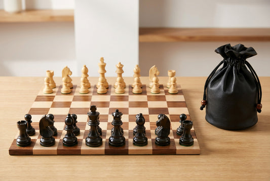 German Knight Chessmen in Ebonized / Boxwood - 3" King with Board & Pouch
