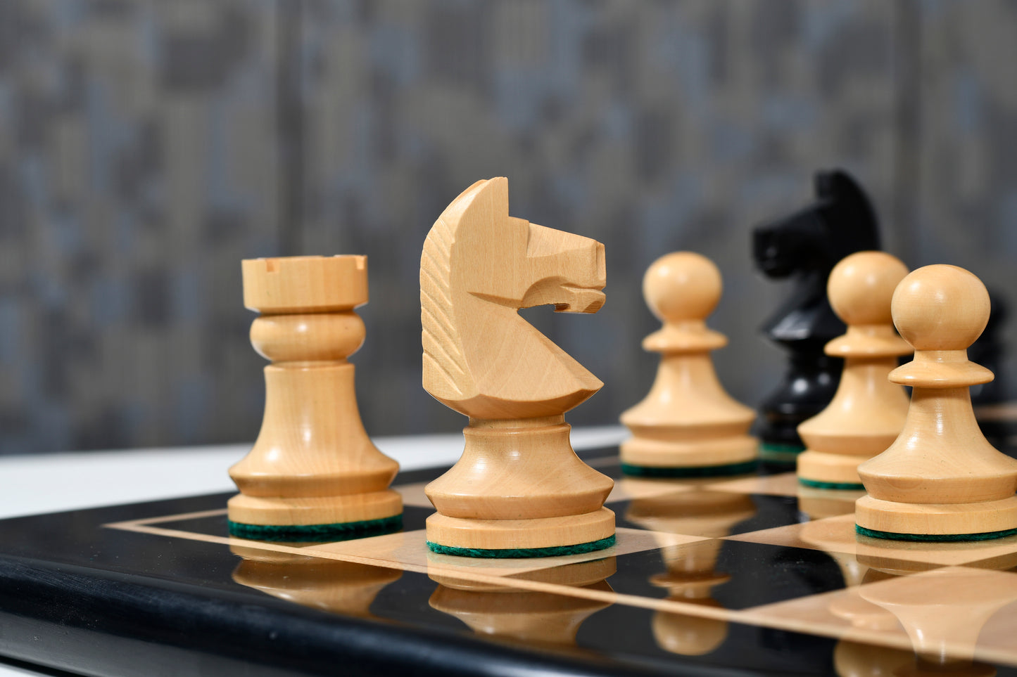 Combo of Reproduced Romanian-Hungarian National Tournament Chess Pieces in Ebonized & Natural Boxwood - 3.8" King with Wooden Chess Board