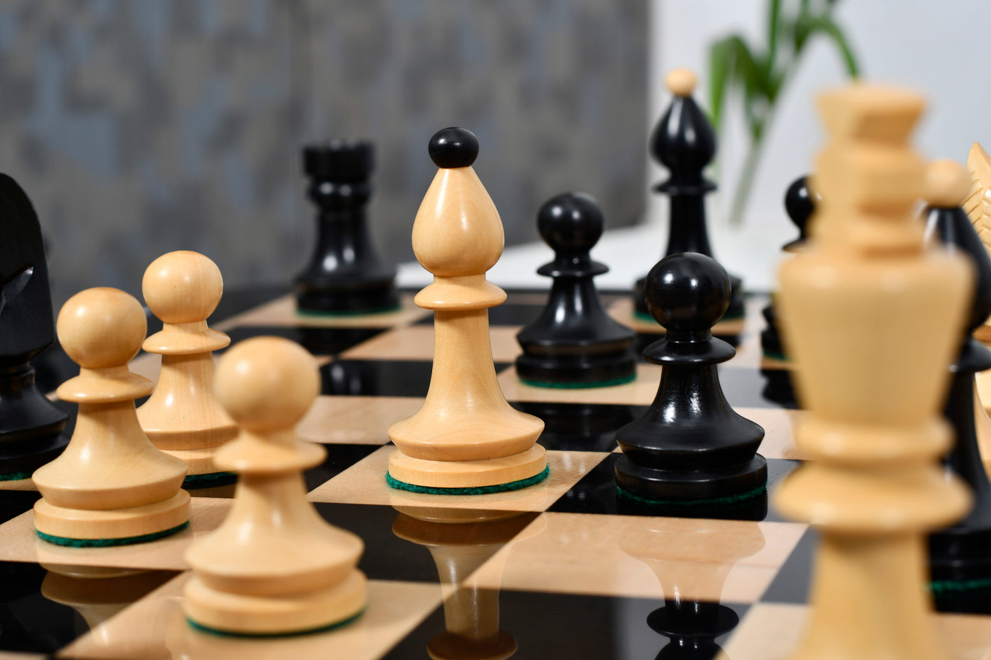 Combo of Reproduced Romanian-Hungarian National Tournament Chess Pieces in Ebonized & Natural Boxwood - 3.8" King with Wooden Chess Board