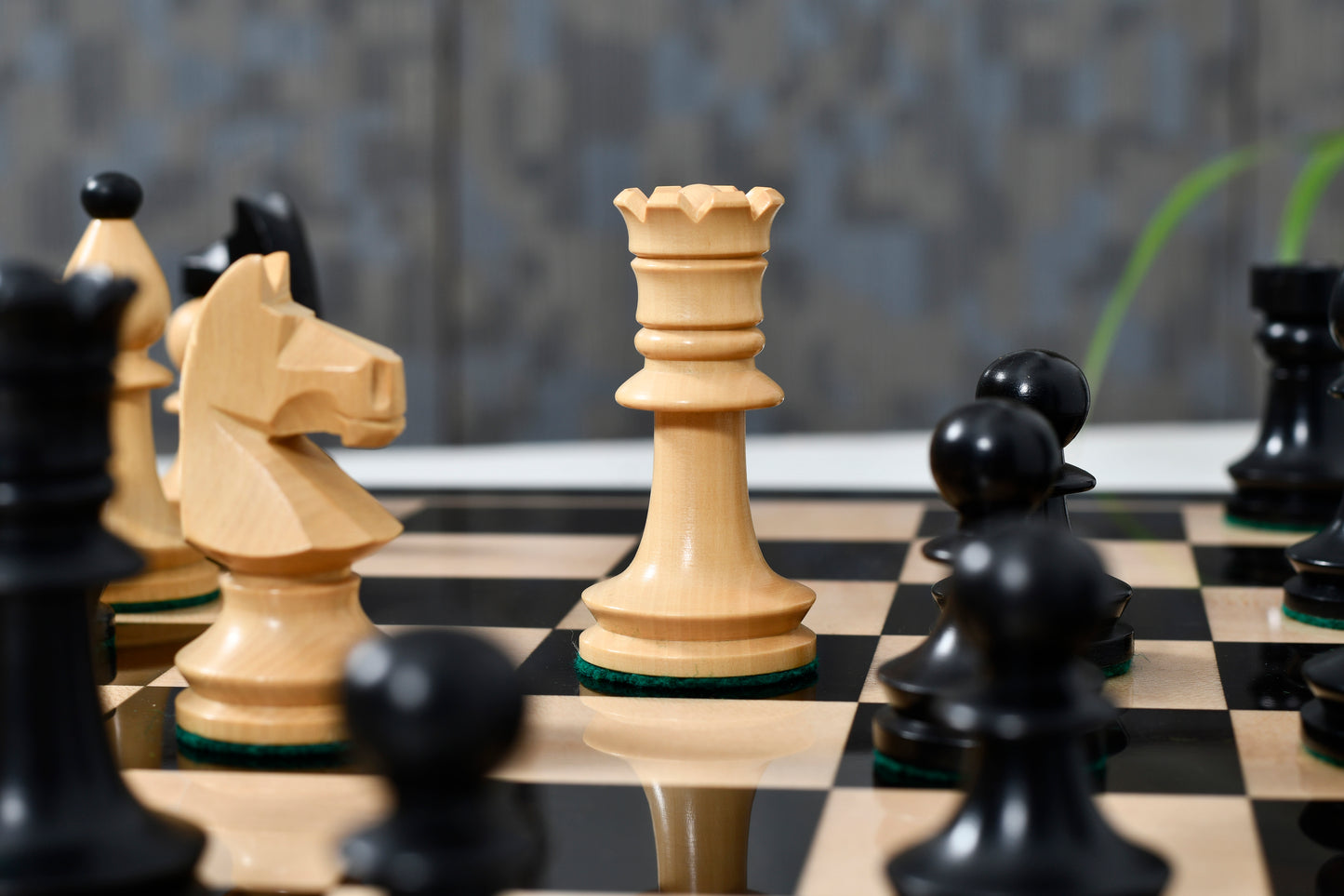 Combo of Reproduced Romanian-Hungarian National Tournament Chess Pieces in Ebonized & Natural Boxwood - 3.8" King with Wooden Chess Board
