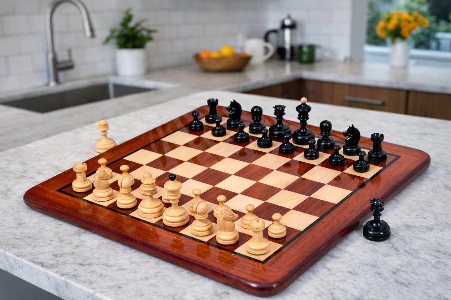 Repro Vintage 1930 German Knubbel Chess Pieces in Ebonized/Boxwood - 3" King with Board
