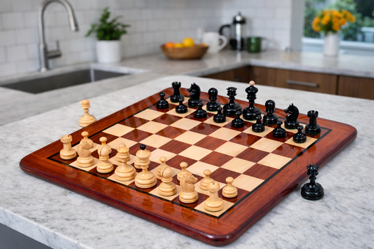 Repro Vintage 1930 German Knubbel Chess Pieces in Ebonized/Boxwood - 3" King with Board