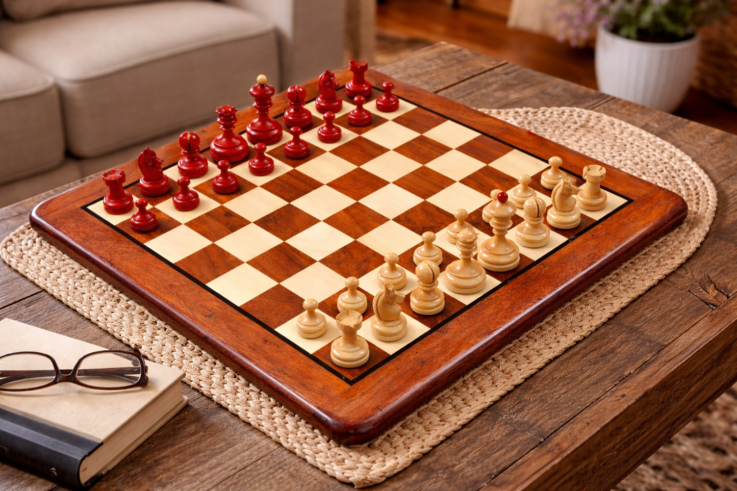 Repro Vintage 1930 German Knubbel Chess Set in Stained Crimson / Boxwood - 3" King with Board