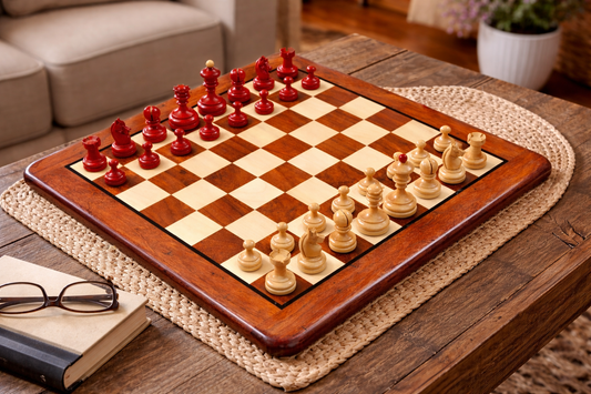 Repro Vintage 1930 German Knubbel Chess Set in Stained Crimson / Boxwood - 3" King with Board
