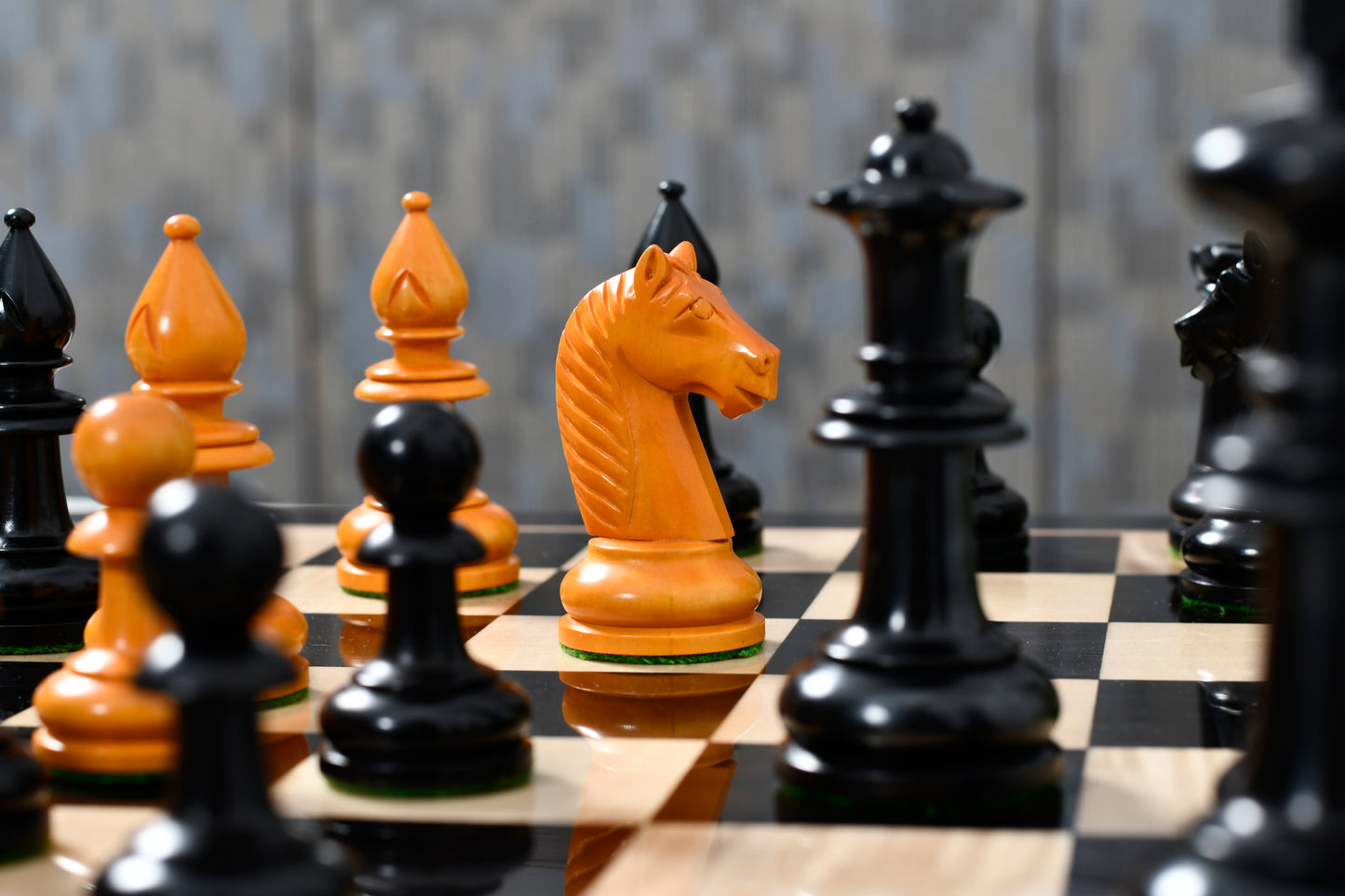 19th Century Antique Austrian Series Chess Pieces in Ebonized Boxwood & Golden Antiqued Boxwood - 4.27" King