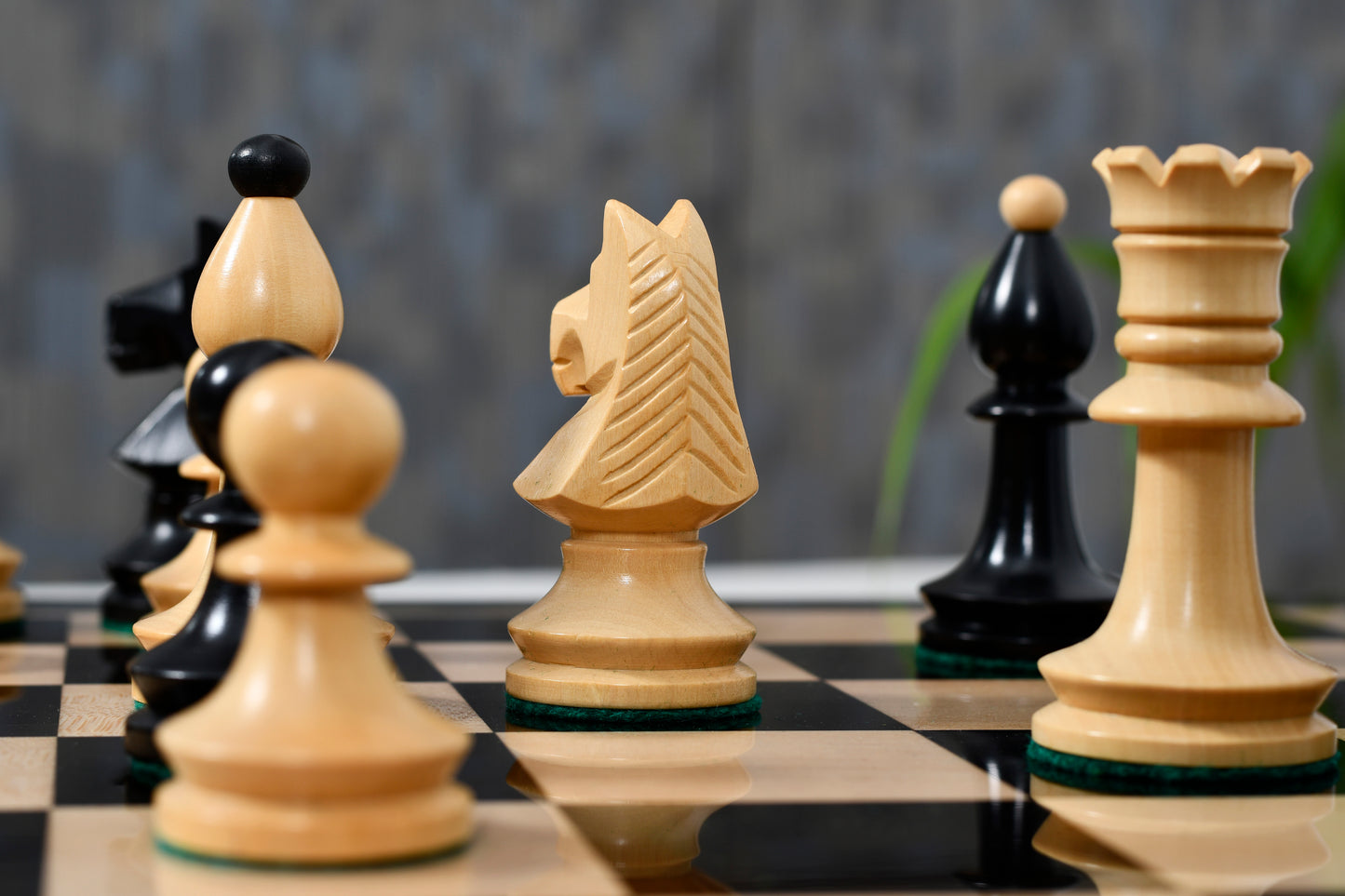 Combo of Reproduced Romanian-Hungarian National Tournament Chess Pieces in Ebonized & Natural Boxwood - 3.8" King with Wooden Chess Board