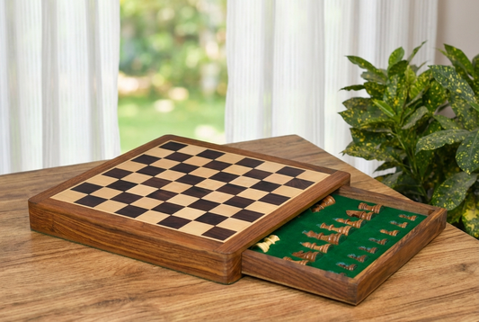 12-Inch Magnetic Travel Chess Set with Drawer Storage – Matte Finish Rosewood, Extra Queens