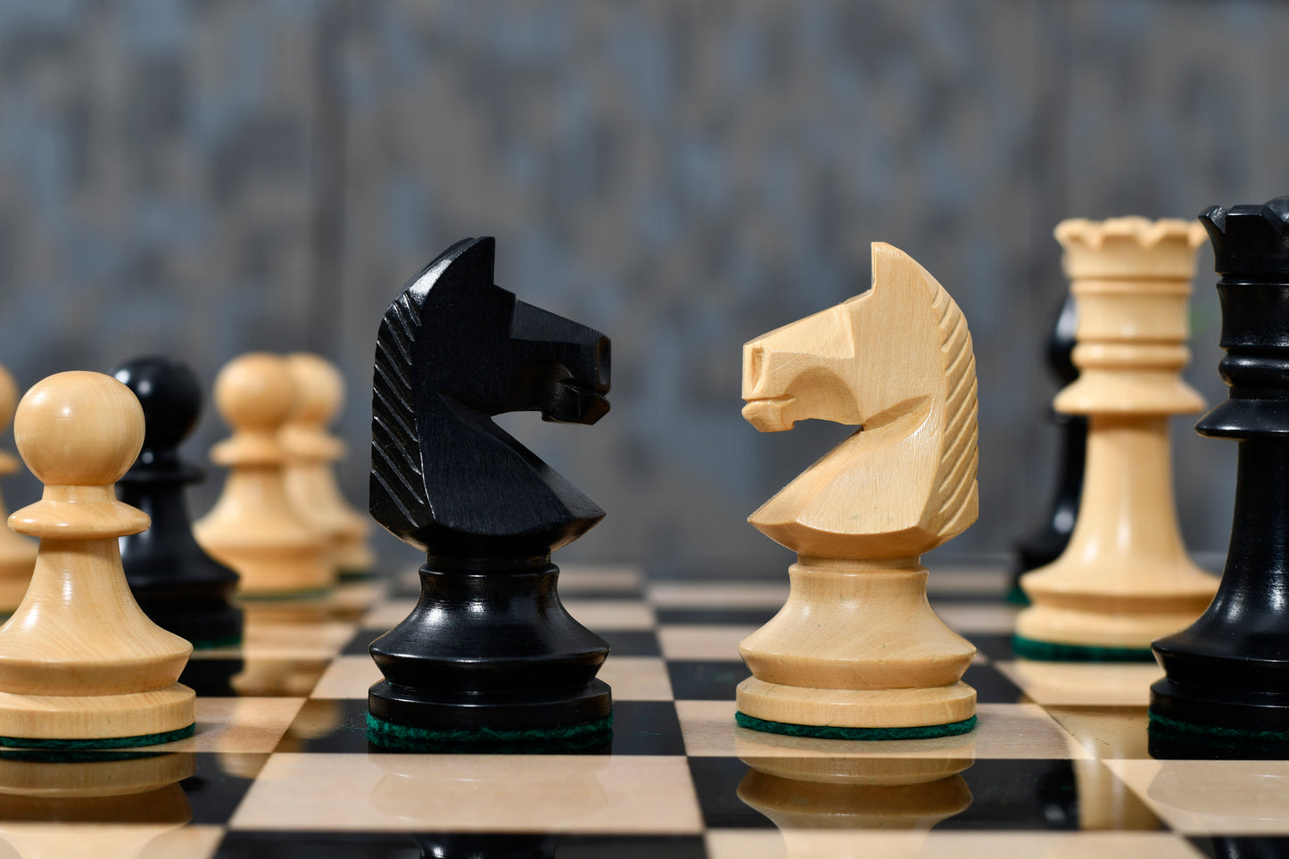 Combo of Reproduced Romanian-Hungarian National Tournament Chess Pieces in Ebonized & Natural Boxwood - 3.8" King with Wooden Chess Board
