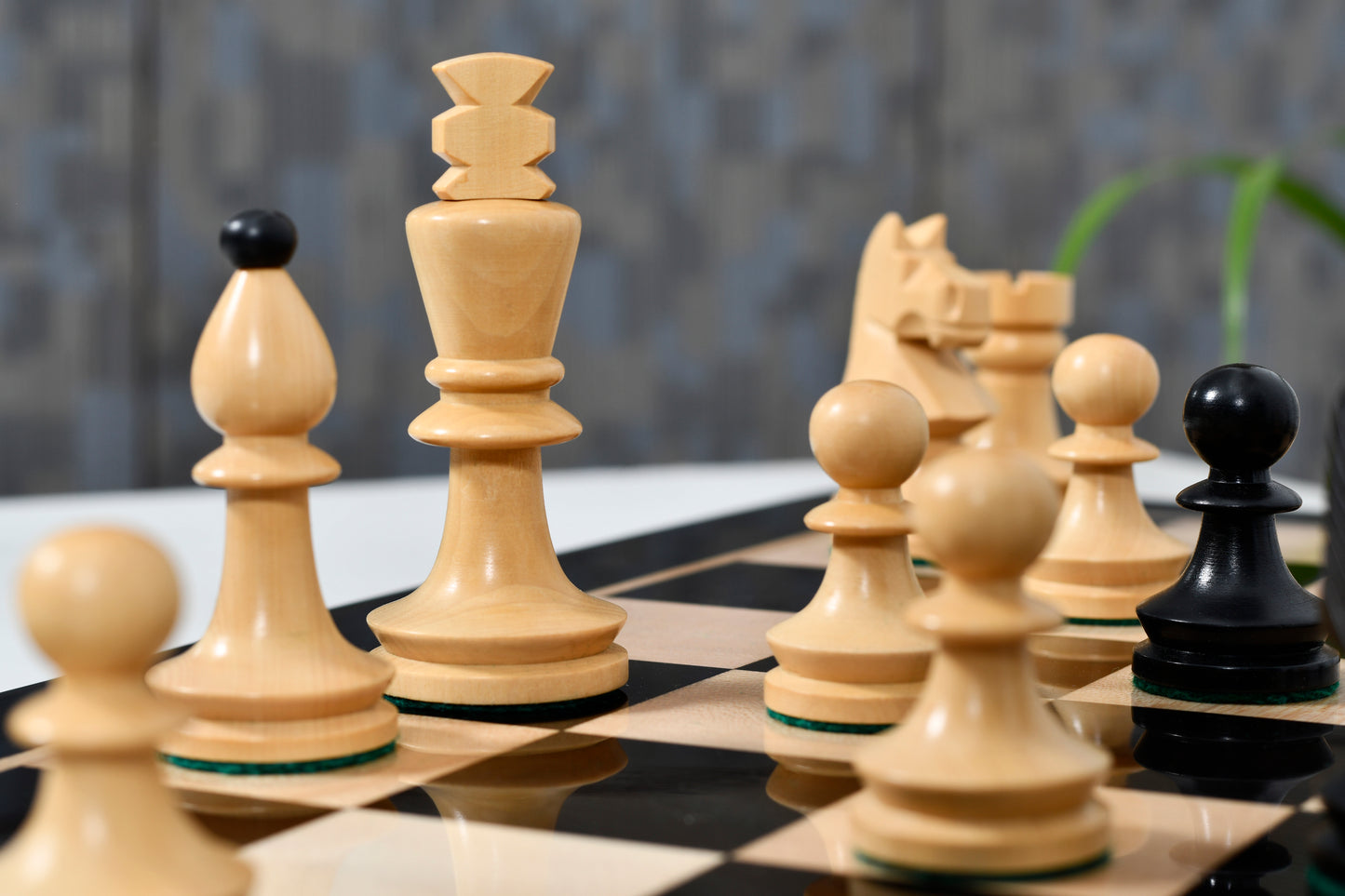 Combo of Reproduced Romanian-Hungarian National Tournament Chess Pieces in Ebonized & Natural Boxwood - 3.8" King with Wooden Chess Board