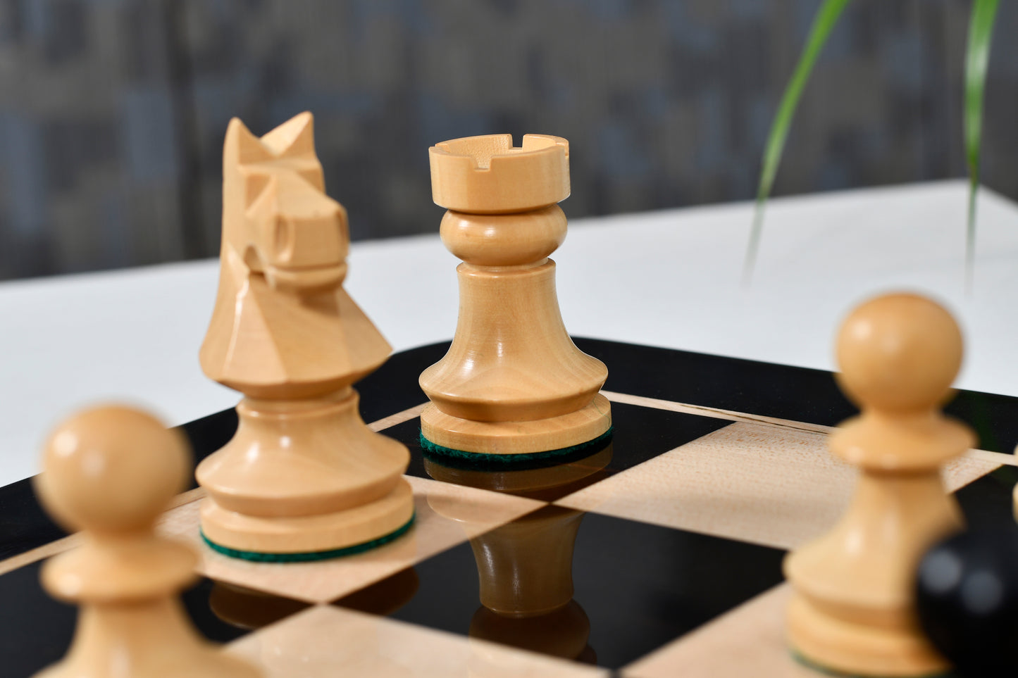 Combo of Reproduced Romanian-Hungarian National Tournament Chess Pieces in Ebonized & Natural Boxwood - 3.8" King with Wooden Chess Board