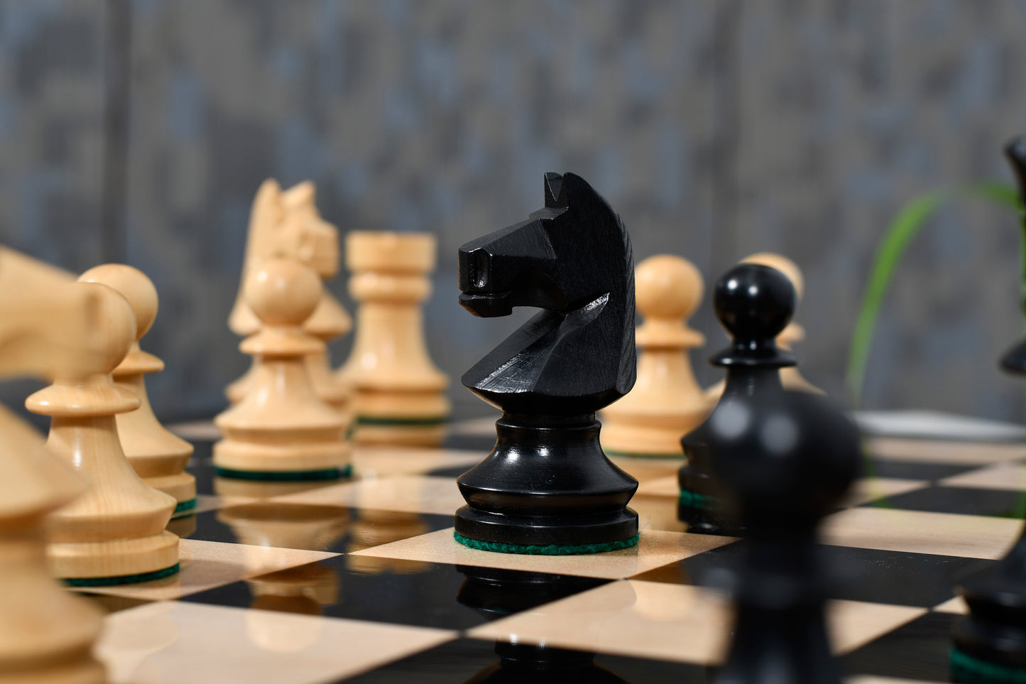 Combo of Reproduced Romanian-Hungarian National Tournament Chess Pieces in Ebonized & Natural Boxwood - 3.8" King with Wooden Chess Board