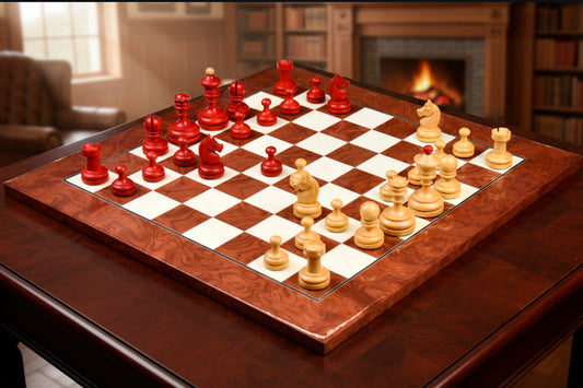 Repro Vintage 1930 German Knubbel Analysis Chess Pieces in Stained Crimson & Boxwood - 3" King with Board
