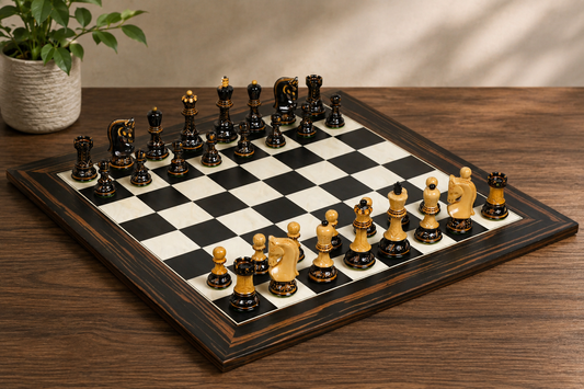 Combo of 1959 Reproduced Russian Zagreb Staunton Series Chess Set in Burnt & Natural Boxwood & Tiger Ebony Maple Chess Board - 3.75" King