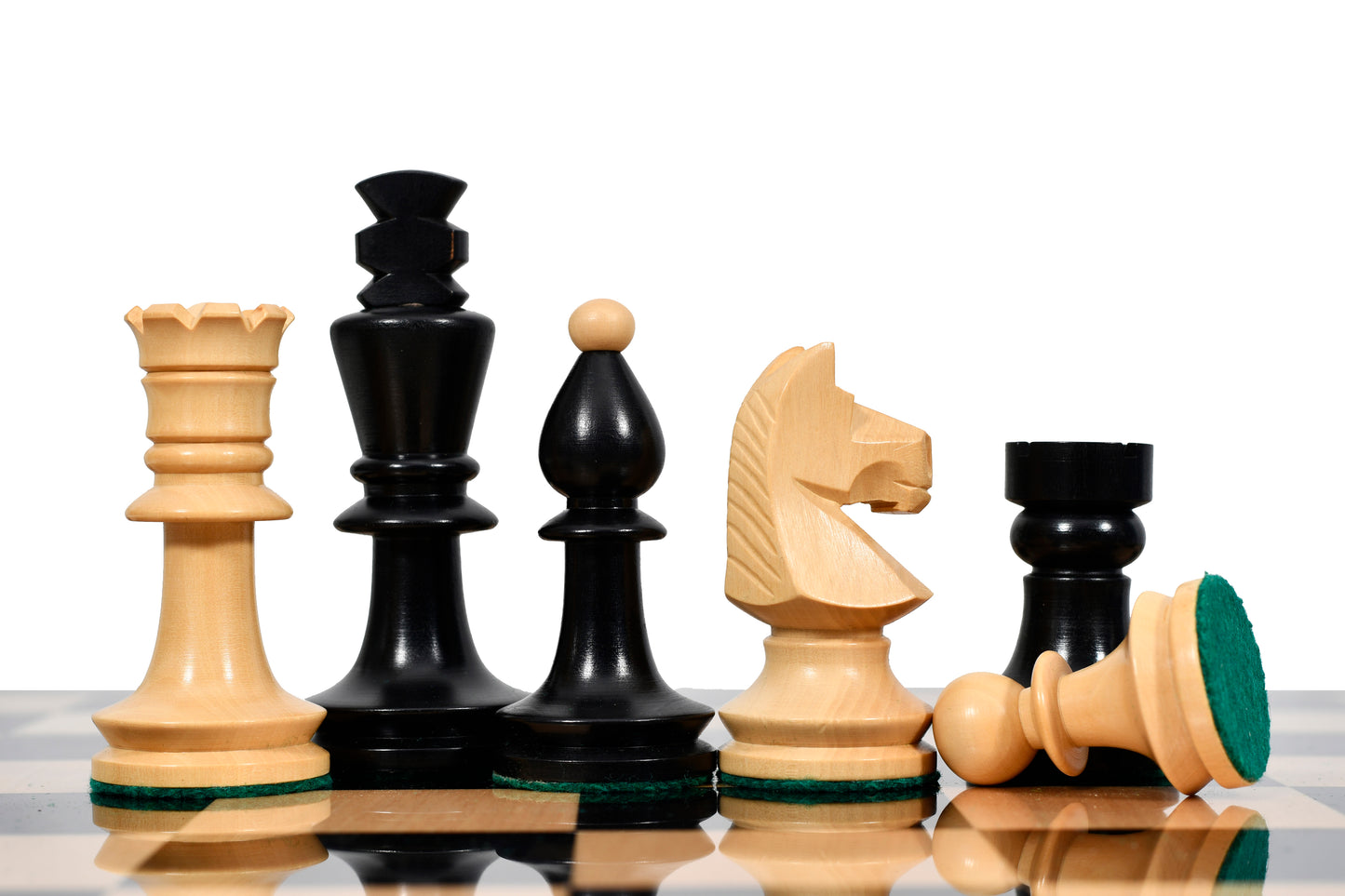 Combo of Reproduced Romanian-Hungarian National Tournament Chess Pieces in Ebonized & Natural Boxwood - 3.8" King with Wooden Chess Board