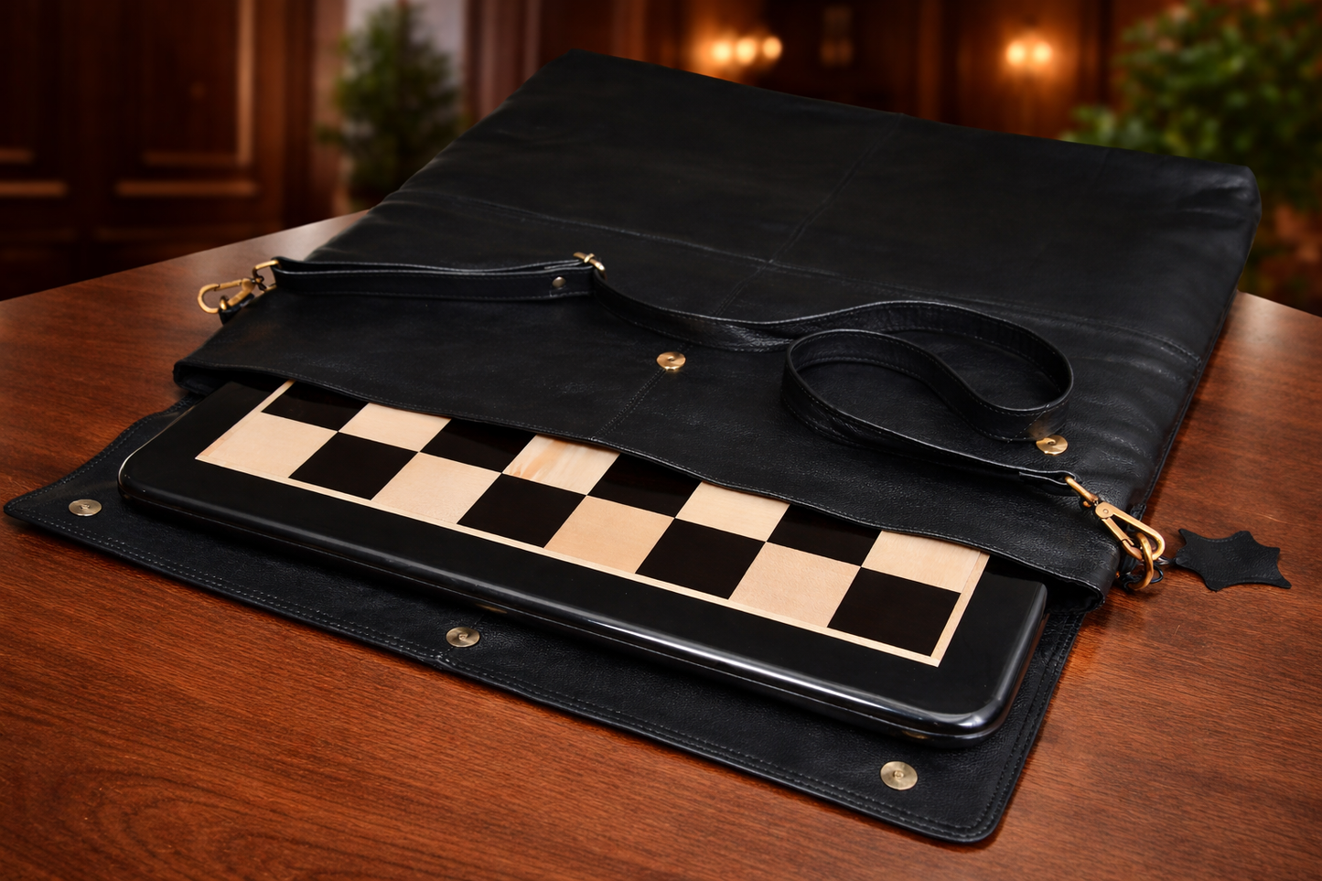 CB Genuine Black Leather Sling Bag for Wooden Chess Board Fits upto 21" or 54 cm Square Chessboards