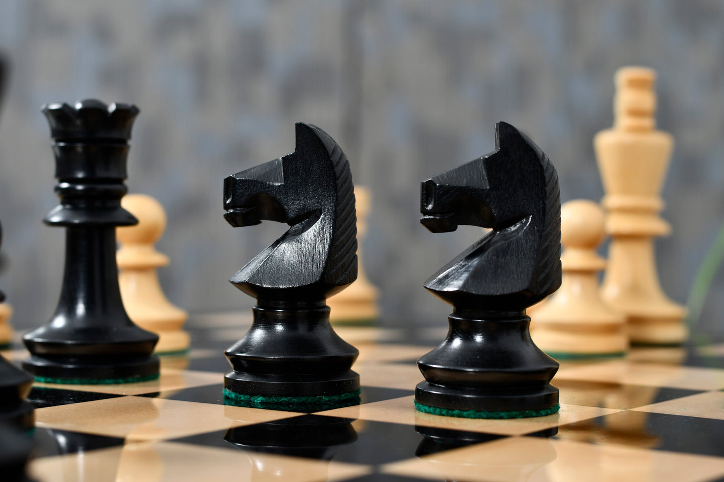 Combo of Reproduced Romanian-Hungarian National Tournament Chess Pieces in Ebonized & Natural Boxwood - 3.8" King with Wooden Chess Board