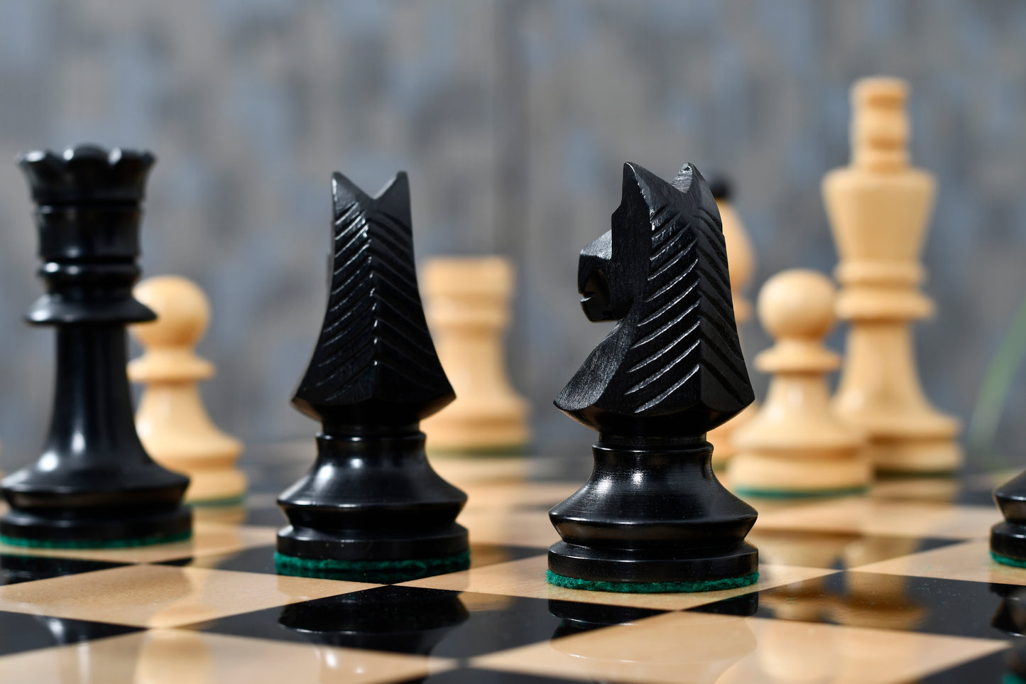Combo of Reproduced Romanian-Hungarian National Tournament Chess Pieces in Ebonized & Natural Boxwood - 3.8" King with Wooden Chess Board