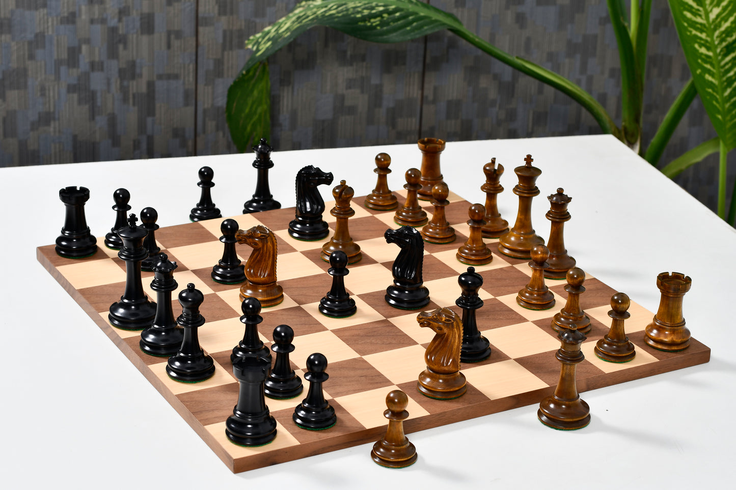 Circa 1887 Turner Teich Soviet-Staunton Style Weighted 4" Chess Pieces in Ebony & Antiqued Boxwood