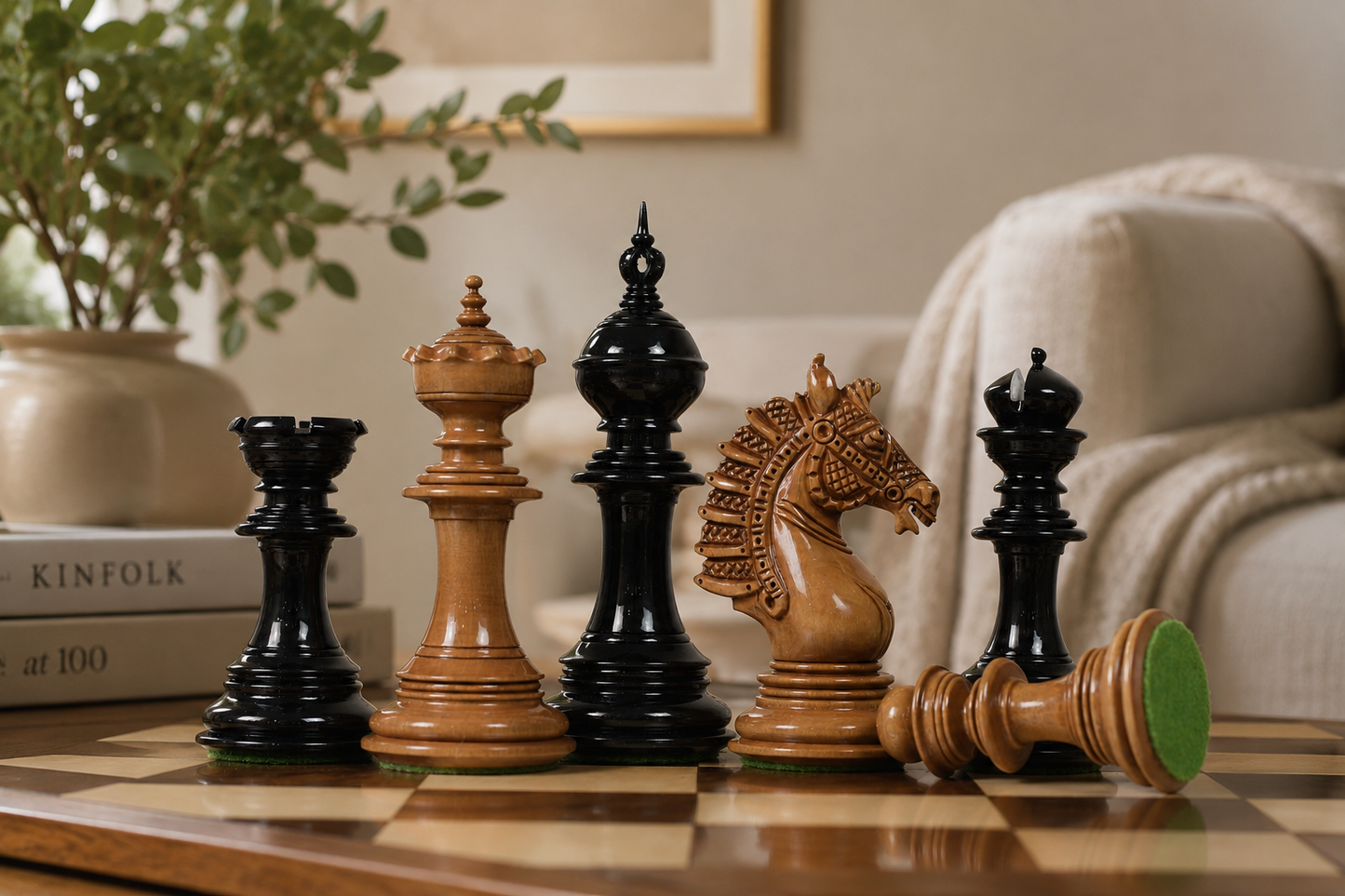 Sikh Empire Series Triple Weighted Wooden Handmade Chess Pieces in Genuine Ebony Wood and Antiqued Wood - 4.5" King with Extra Queens