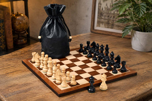 German Knight Chessmen in Ebonized / Boxwood - 3" King with Board & Pouch