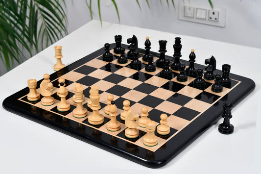 Combo of Reproduced Romanian-Hungarian National Tournament Chess Pieces in Ebonized & Natural Boxwood - 3.8" King with Wooden Chess Board
