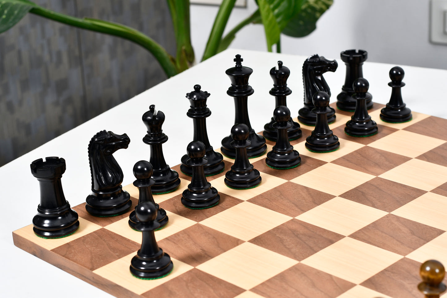 Circa 1887 Turner Teich Soviet-Staunton Style Weighted 4" Chess Pieces in Ebony & Antiqued Boxwood