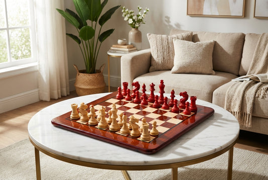 Combo of Special Edition Vintage 1950's Circa Bohemia German Chess Set in Stained Crimson Boxwood / Wooden Chess Board Blood - 3.89"