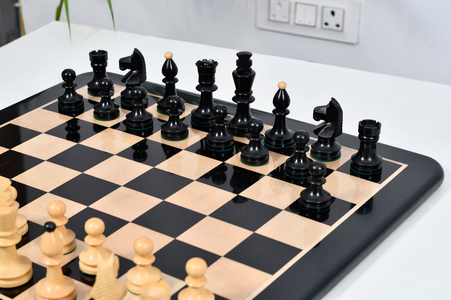 Combo of Reproduced Romanian-Hungarian National Tournament Chess Pieces in Ebonized & Natural Boxwood - 3.8" King with Wooden Chess Board