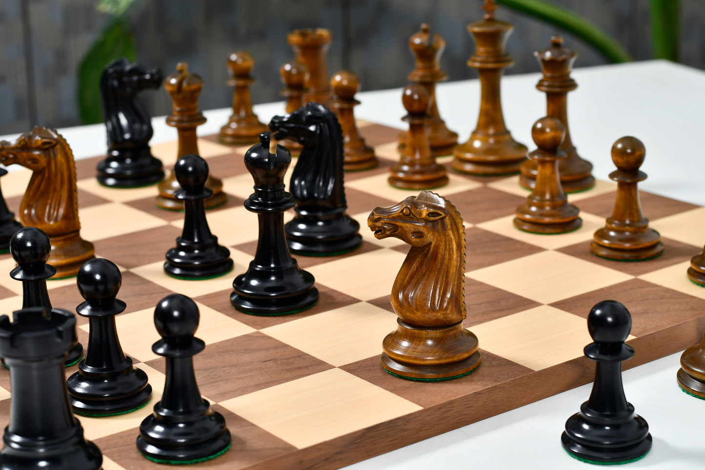 Circa 1887 Turner Teich Soviet-Staunton Style Weighted 4" Chess Pieces in Ebony & Antiqued Boxwood