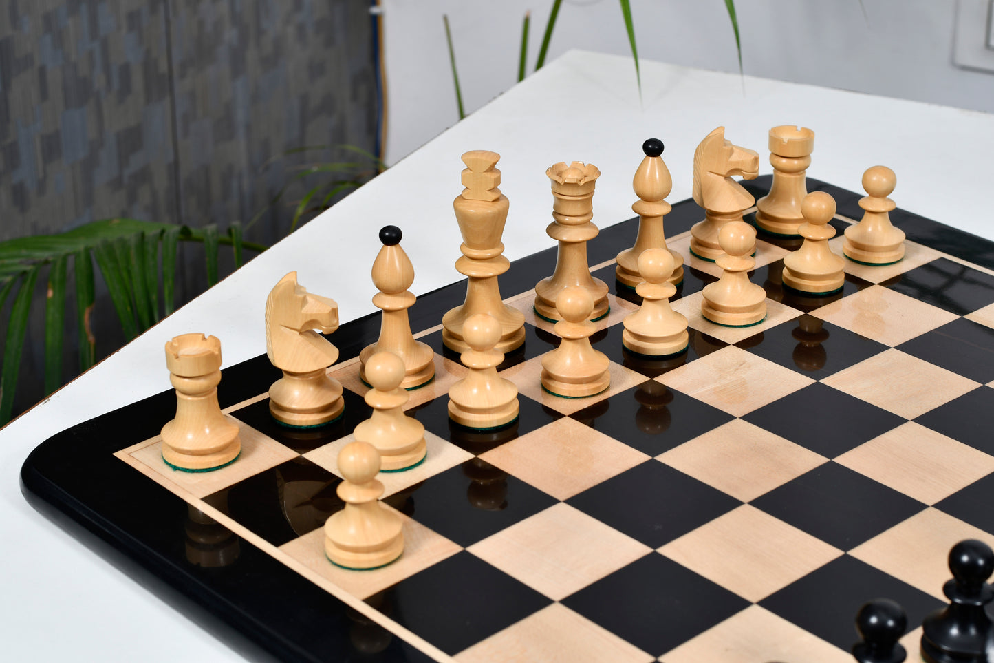 Combo of Reproduced Romanian-Hungarian National Tournament Chess Pieces in Ebonized & Natural Boxwood - 3.8" King with Wooden Chess Board
