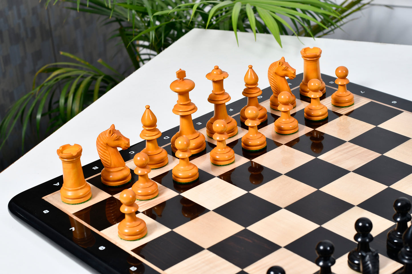 19th Century Antique Austrian Series Chess Pieces in Ebonized Boxwood & Golden Antiqued Boxwood - 4.27" King