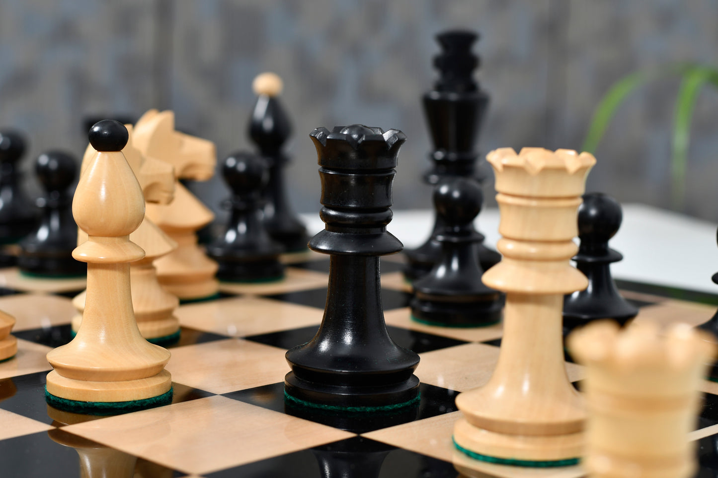 Combo of Reproduced Romanian-Hungarian National Tournament Chess Pieces in Ebonized & Natural Boxwood - 3.8" King with Wooden Chess Board