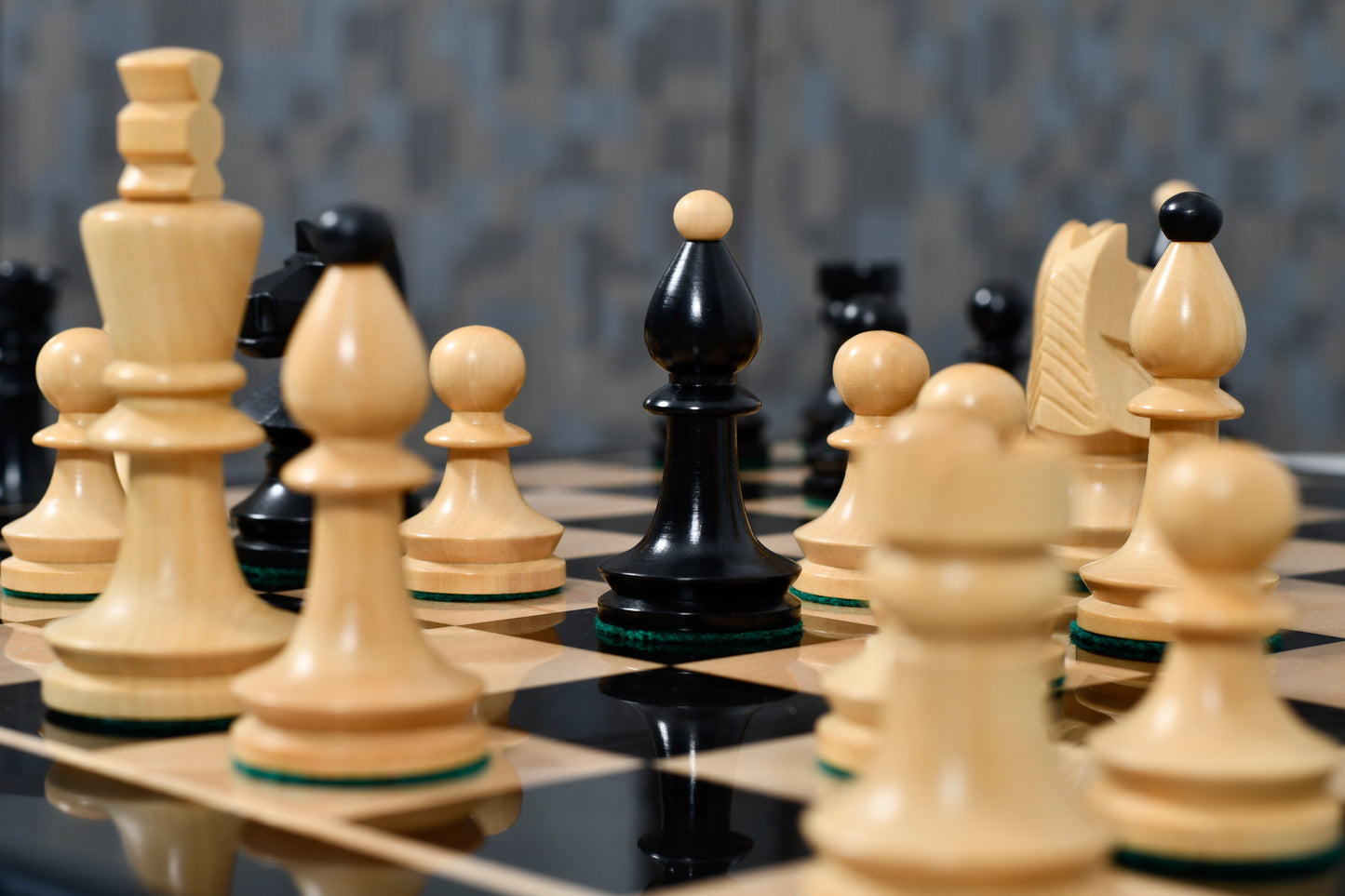 Combo of Reproduced Romanian-Hungarian National Tournament Chess Pieces in Ebonized & Natural Boxwood - 3.8" King with Wooden Chess Board