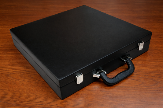 Black Leatherette Chess Set Storage Box Coffer for up to 15" Chessboard and Slots for Chess Pieces up to 3.0"