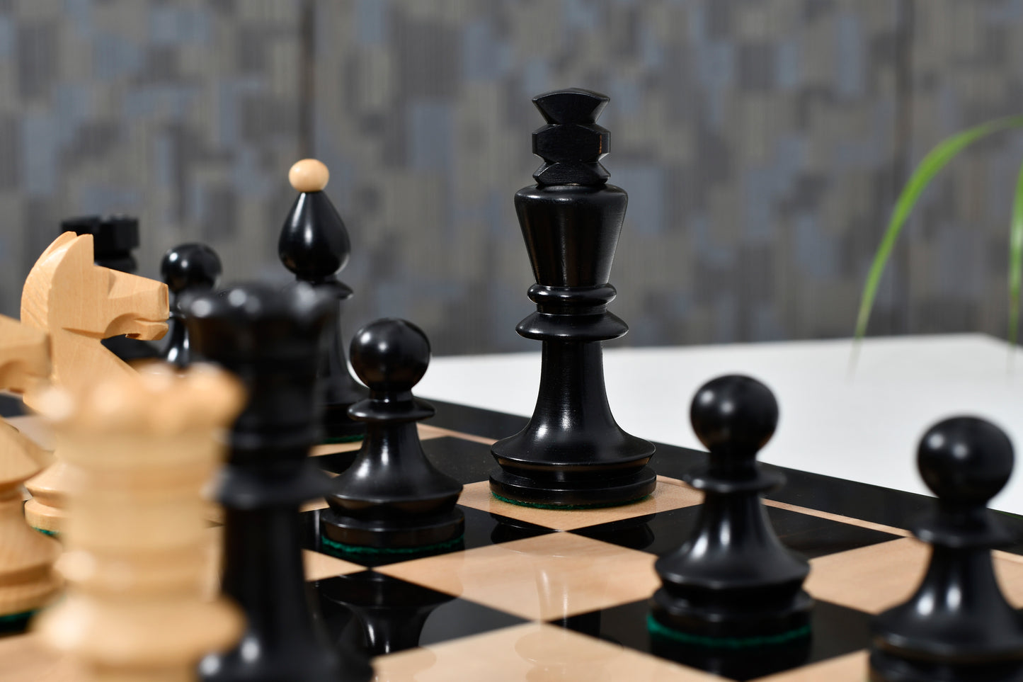 Combo of Reproduced Romanian-Hungarian National Tournament Chess Pieces in Ebonized & Natural Boxwood - 3.8" King with Wooden Chess Board