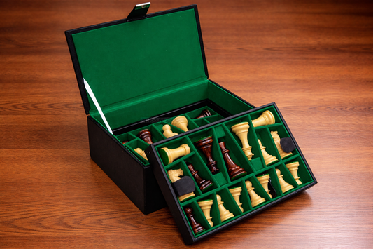Leatherette Chess Set Storage Box with Double Tray Fixed Slots for 4" - 4.25" Pieces in Black