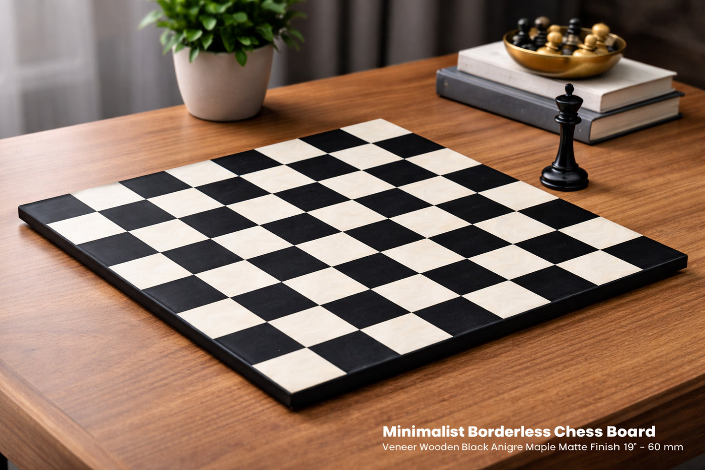 Minimalist Veneer Wooden Deluxe Black Anigre Maple Matte Finish Borderless Chess Board 19" - 60 mm