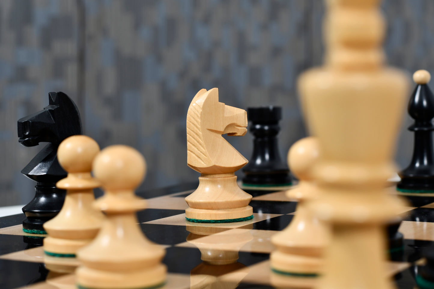 Combo of Reproduced Romanian-Hungarian National Tournament Chess Pieces in Ebonized & Natural Boxwood - 3.8" King with Wooden Chess Board