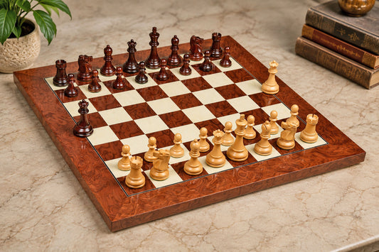 Combo of 1972 Reproduced Fischer-Spassky Staunton Pattern Chess Pieces V2.0 in Bud Rosewood & Boxwood - 3.75" King with Chess Board
