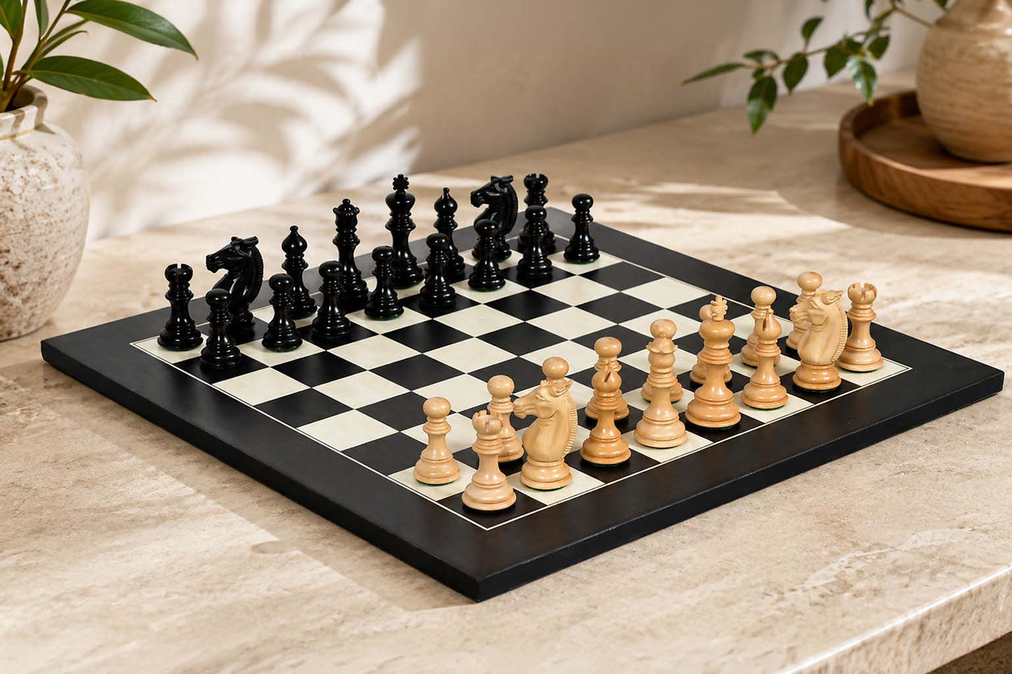 Combo of Meghdoot Series Chess Pieces & Black Anigre Maple Chessboard - 3.2" King
