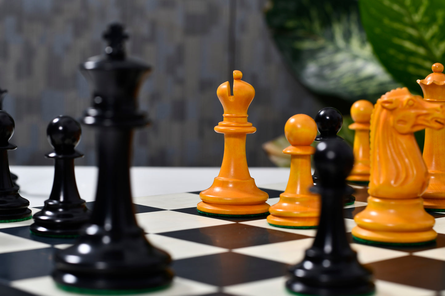 Circa 1887 Turner Teich Soviet-Staunton Style Weighted 4" Chess Pieces in Ebony & Golden Antique Boxwood