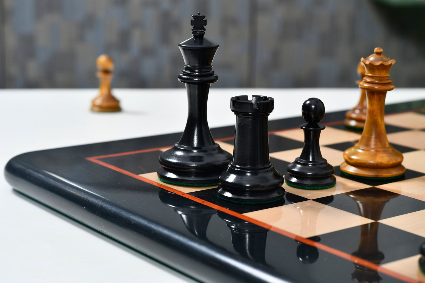 The 1849 Cooke Jaques Staunton Weighted 3.5 inch King Chess Pieces in Ebony wood and Vintage Antique Boxwood
