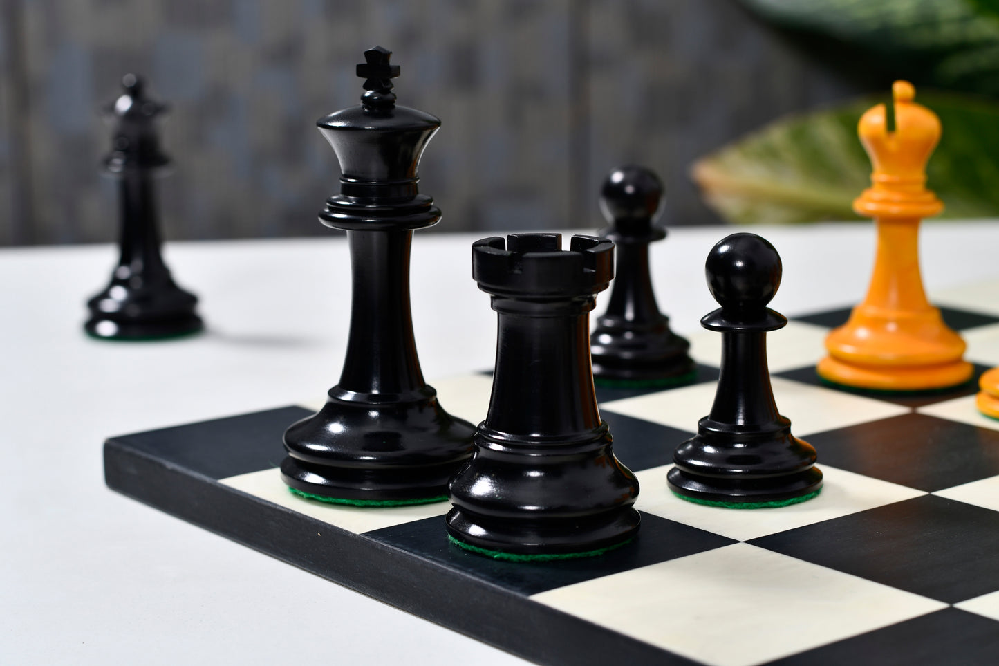 Circa 1887 Turner Teich Soviet-Staunton Style Weighted 4" Chess Pieces in Ebony & Golden Antique Boxwood