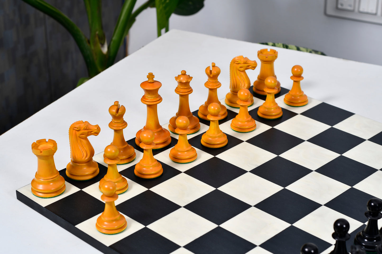Circa 1887 Turner Teich Soviet-Staunton Style Weighted 4" Chess Pieces in Ebony & Golden Antique Boxwood