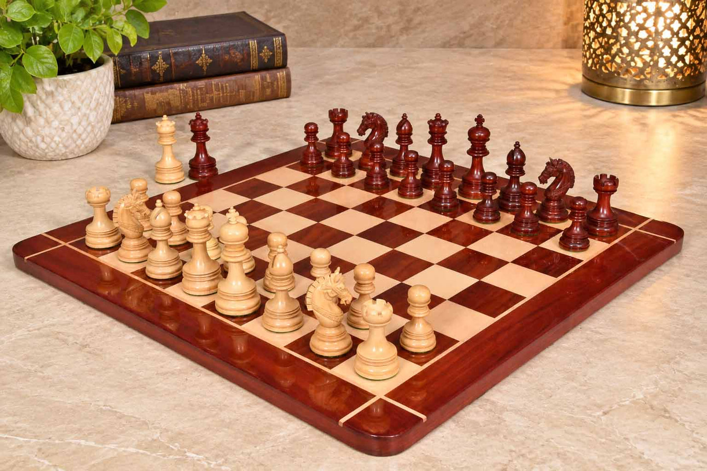 Indian Chetak II Customized Staunton Chess Set in Bud Rose / Box Wood with Bud Rosewood Chess Board - 4.2" King