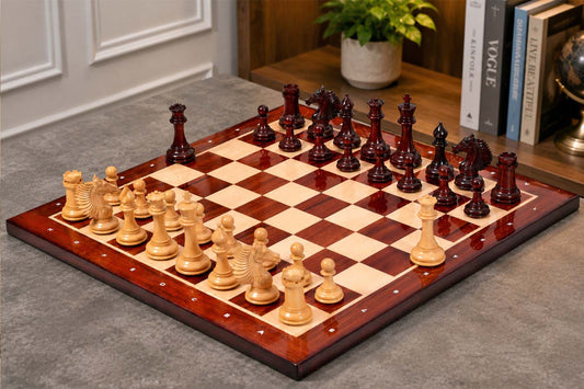Combo of The Cb Mustang Series Weighted Chess Pieces in Bud Rose / Box Wood - 4.4" King With Extra Queens With Wooden Notation Chess Board