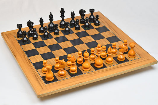 Combo of Reproduced Dublin Pattern Calvert Chess Pieces in Ebonized & Antiqued Boxwood with Chess Board and Storage Box - 4.1" King