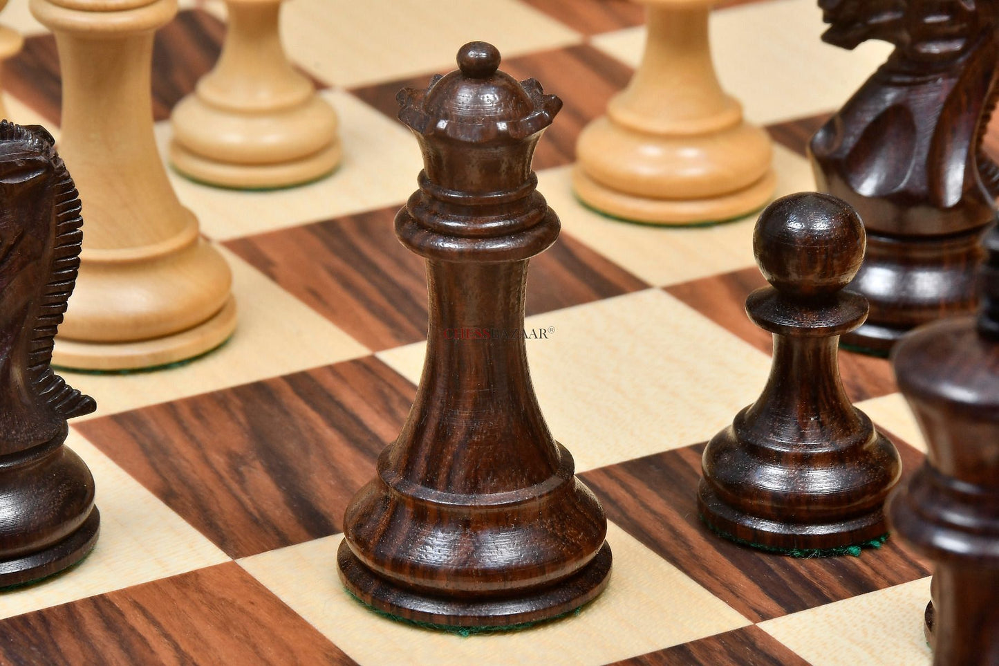 The Professional Series Tournament Staunton Weighted Chess Pieces in Indian Rosewood and Boxwood - 3.8" King